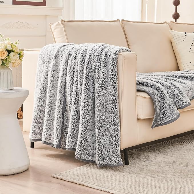 EMME Soft Sherpa Fleece Blanket Reversible Plush Fluffy Large Blanket, Light Weight Warm Decorative Boho Blanket Cover for Sofa, Couch, Bedroom,Travel(Plush Grey,60"x80")