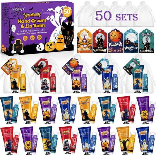 VESPRO 50 Pack Halloween Hand Cream and Lip Balm Set, Bulk Halloween Gifts with Halloween Cards and Organza Bag, Halloween Decorations and Halloween Party Favors Goodies for Women