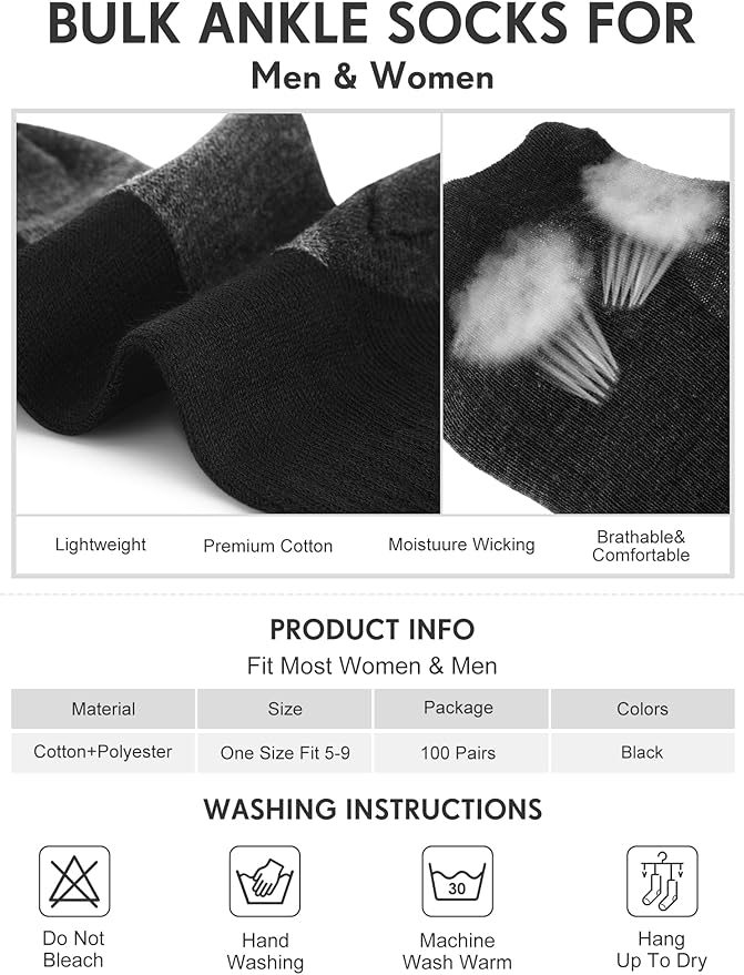 Tarpop 100 Pairs Bulk Mens Socks Moisture Wicking Casual Sports Ankle Socks for Homeless Unisex Adult Men Women
