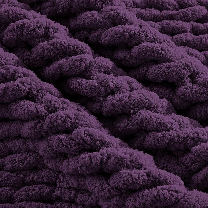 Carriediosa Chunky Knit Throw Blanket 60" X 80" Twin, 100% Hand Made Large Chenille Loop Yarn Soft Fluffy Throws for Couch Sofa Bed, Big Crochet Cozy Heavy Thick Cable Woven Blanket, Dark Purple