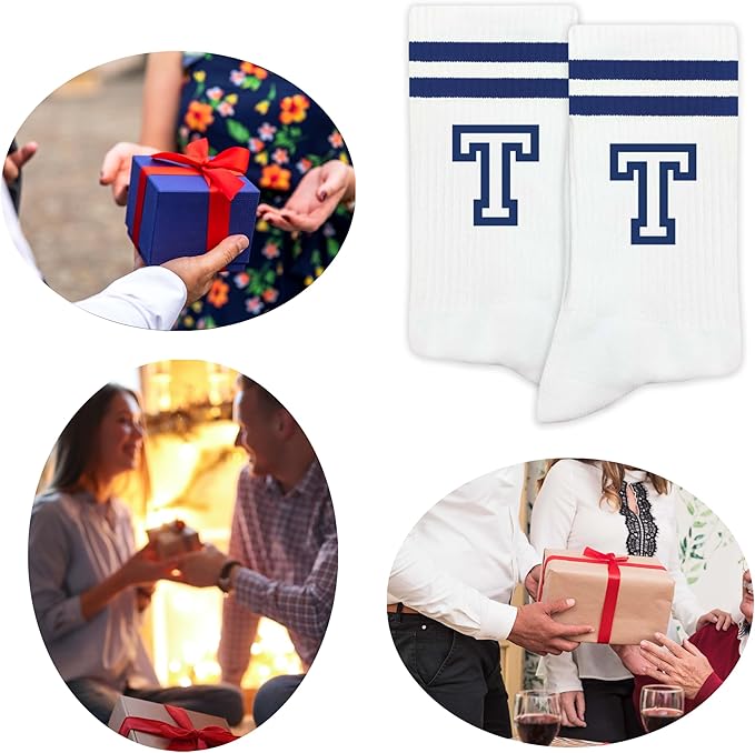 Striped Initial Socks with the Letter in Navy Blue, Socks for Adult, Teens, Men&Women Socks, Gifts for Friends, Family, etc.