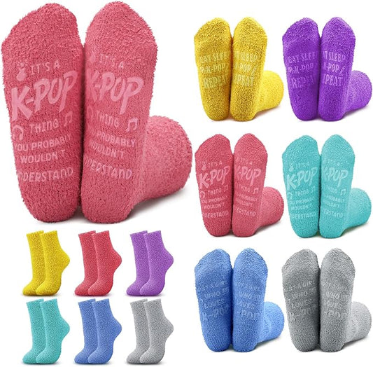 Ramede 6 Pairs Grip Fuzzy Crew Socks for Women Men Novelty Socks Funny Movie Theater K-pop Memorabilia for Xmas Birthday Gift