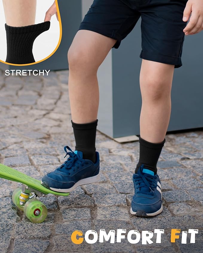 HONGTEYA Kids Socks for Girls Boys Soft Stretch Cotton Crew Seamless Athletic Socks School Uniform 4-12 Years 5 Packs