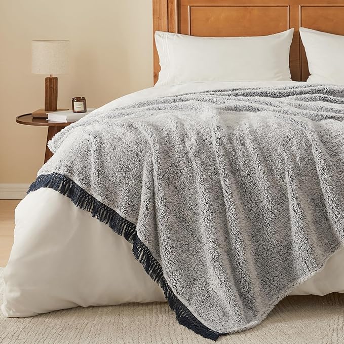 EMME Soft Sherpa Fleece Blanket with Tassel, Reversible Plush Fluffy Large Blanket, Light Weight Warm Decorative Boho Blanket Cover for Sofa, Couch, Bedroom,Travel(Tassel Navy,50"x60")