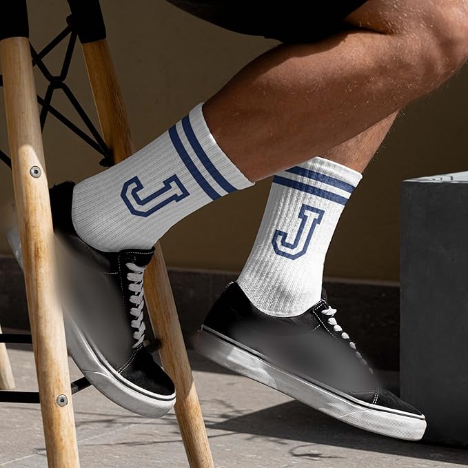 Striped Initial Socks with the Letter in Navy Blue, Socks for Adult, Teens, Men&Women Socks, Gifts for Friends, Family, etc.