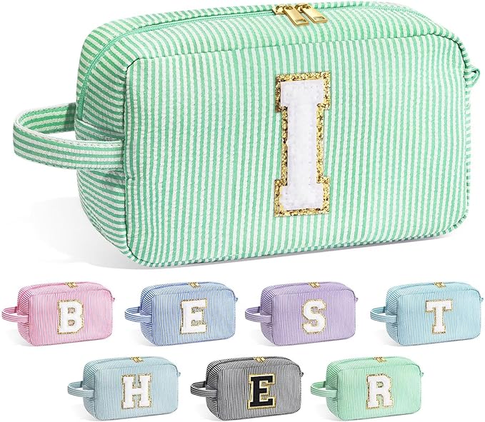 YOOLIFE Gifts for Women, Personalized Birthday Gifts for Women Girlfriend Her Friend Mom Grandma Daughter Wife, Bridesmaid Gifts, Monogram Initial Girls Preppy Makeup Bag, Green I