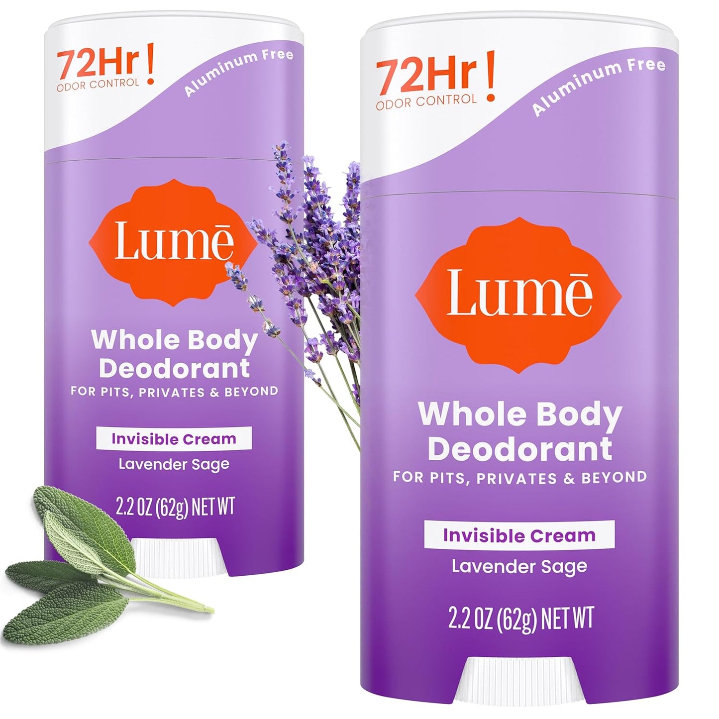 Lume Deodorant Cream Stick - Underarms and Private Parts - Aluminum-Free, Baking Soda-Free, Hypoallergenic, and Safe For Sensitive Skin - 2.2 Ounce (Pack of 2) (Lavender Sage)