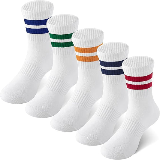HONGTEYA Kids Socks for Girls Boys Soft Stretch Cotton Crew Seamless Athletic Socks School Uniform 4-12 Years 5 Packs