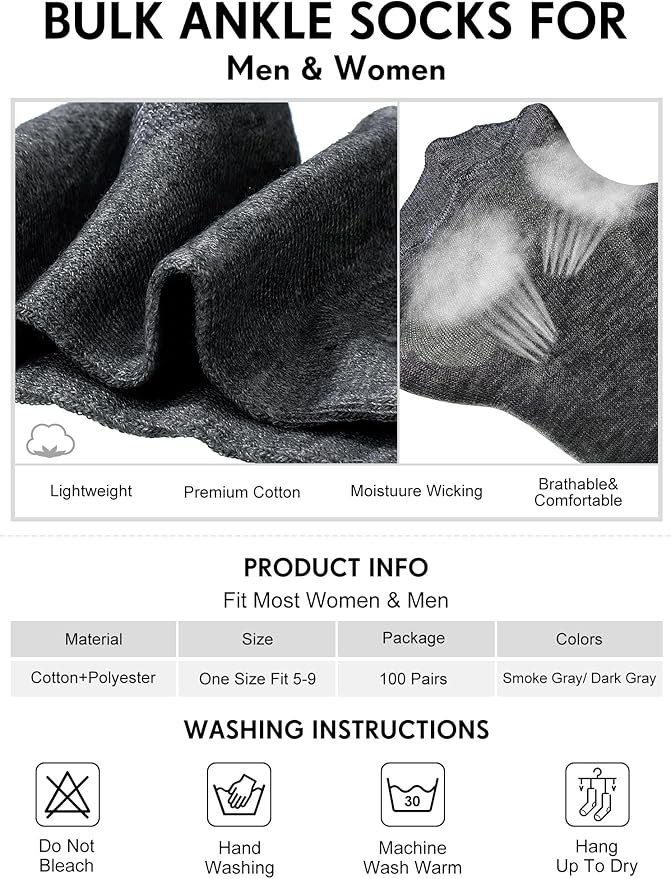 Tarpop 100 Pairs Bulk Mens Socks Moisture Wicking Casual Sports Ankle Socks for Homeless Unisex Adult Men Women