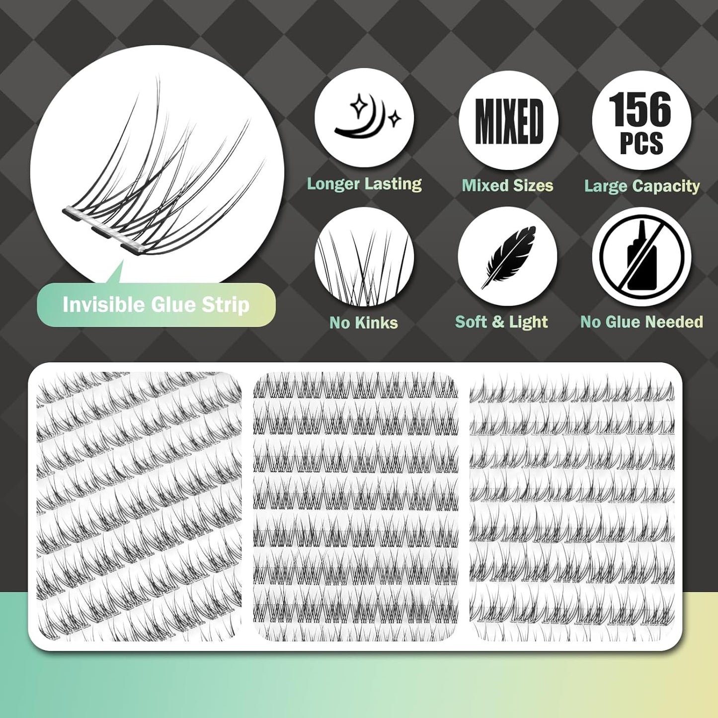 Self Adhesive Eyelashes, 156 Pcs Self Adhesive Eyelash Clusters, No Glue Needed, Invisible Band Lash Clusters - Longer Lasting, No Sticky Residue Pre Glued Eyelashes (Natural-Invisible Band)