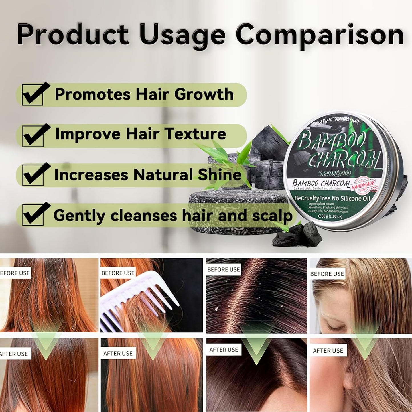 2PCS Bamboo Charcoal Shampoo Bar for Gray Hair, Black Soap for Gray Hair Natural Organics Shampoo and Conditioner Bar for Thinning Hair for Men & Women (Bamboo Charcoal)