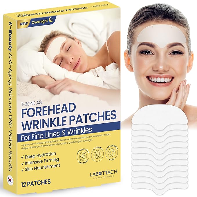 Labottach Forehead Wrinkle Patches 12ct – Korean Hydrogel Patch with Collagen, Hyaluronic Acid & Vitamin E for Forehead & Frown Lines