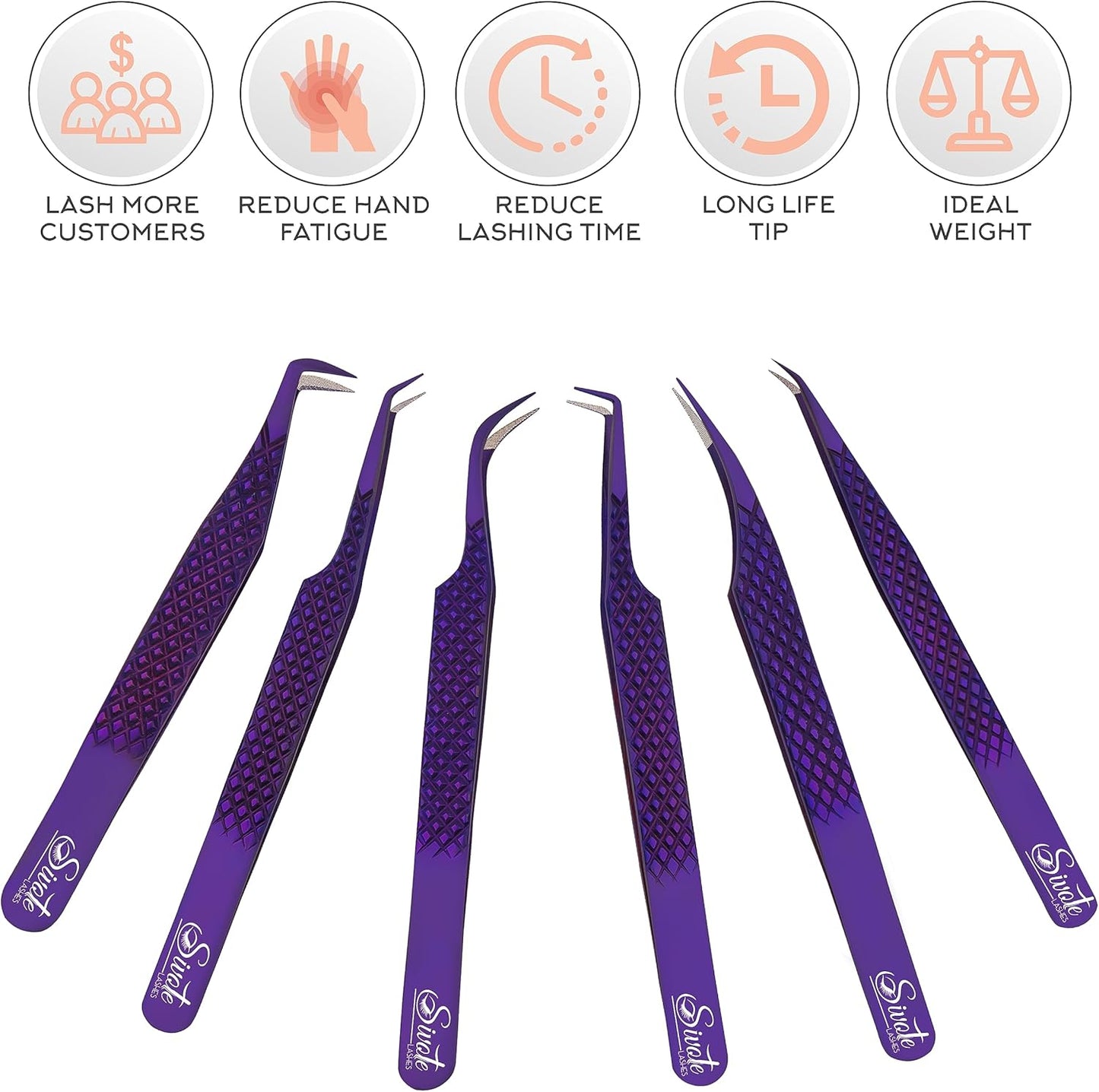 SIVOTE Eyelash Extension Tweezers Fiber Tips, Set of 6, Curved, Dolphin, 90 Degree 45 Degree, Volume Boot & Slight Curved Tweezer, Purple