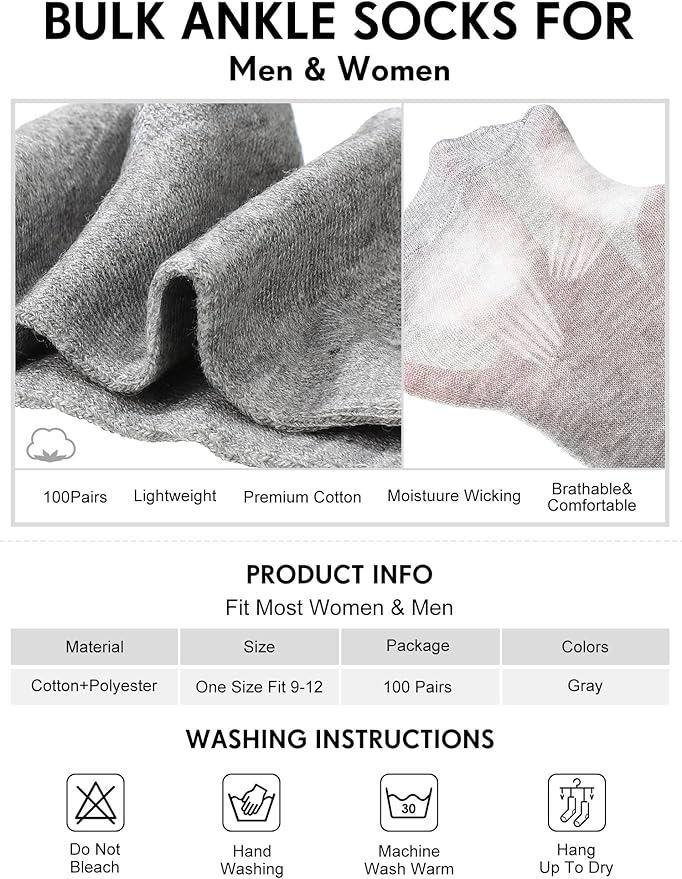 Tarpop 100 Pairs Bulk Mens Socks Moisture Wicking Casual Sports Ankle Socks for Homeless Unisex Adult Men Women