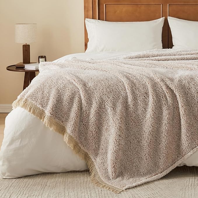 EMME Soft Sherpa Fleece Blanket with Tassel, Reversible Plush Fluffy Large Blanket, Light Weight Warm Decorative Boho Blanket Cover for Sofa, Couch, Bedroom,Travel(Tassel Khaki,90"x90")