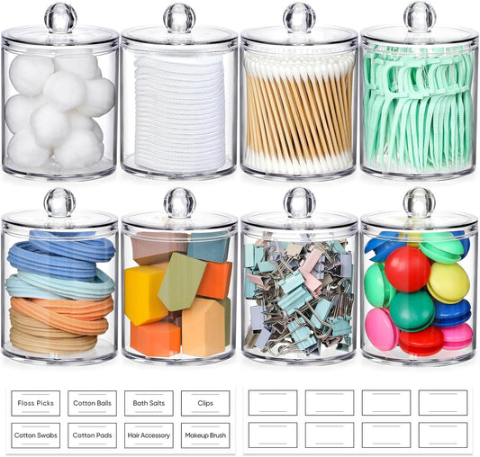 AOZITA 8 Pack Acrylic Qtip Holder Dispenser with Lids & Labels, Cotton Swab, Ball, Round Pads, Floss Picks Storage Canister - Clear Plastic Apothecary Jar for Bathroom Vanity Makeup Organizer