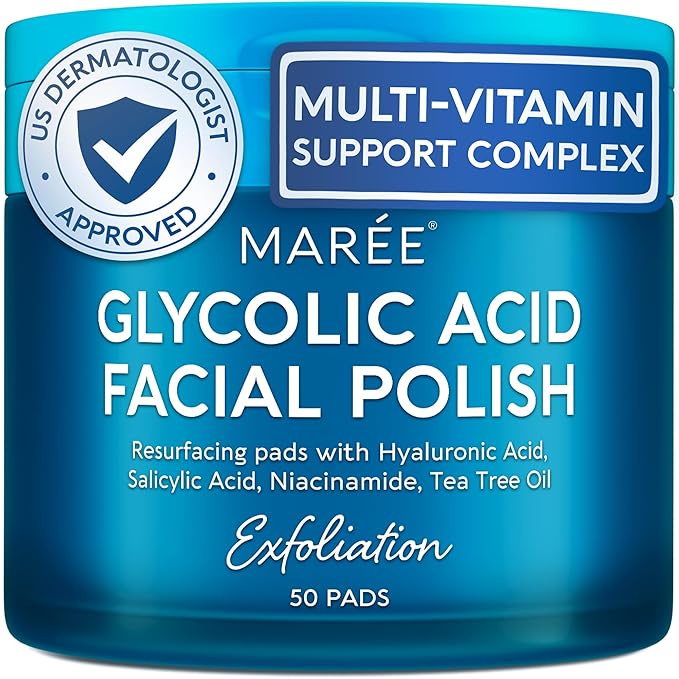 MAREE Glycolic Acid Pads - Toner Pads for Face Cleansing - Exfoliating Pad with Tea Tree Oil, Salicylic Acid & Vitamins E, B3, B5 - Acne Clearing, Skin Pore Resurfacing & Radiance Device - 50 Count