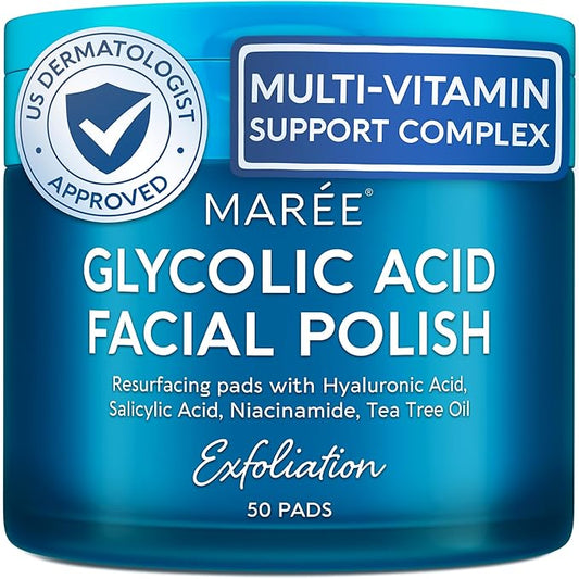 MAREE Glycolic Acid Pads - Toner Pads for Face Cleansing - Exfoliating Pad with Tea Tree Oil, Salicylic Acid & Vitamins E, B3, B5 - Acne Clearing, Skin Pore Resurfacing & Radiance Device - 50 Count