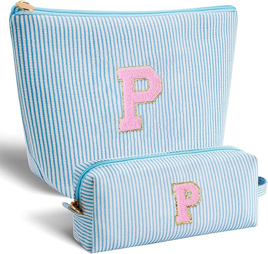 Personalized Makeup Bag for Women Girls - Fashion Cosmetic Bag Trendy Travel Toiletry Bag with Initials Letter - Teen Gifts - Blue,P