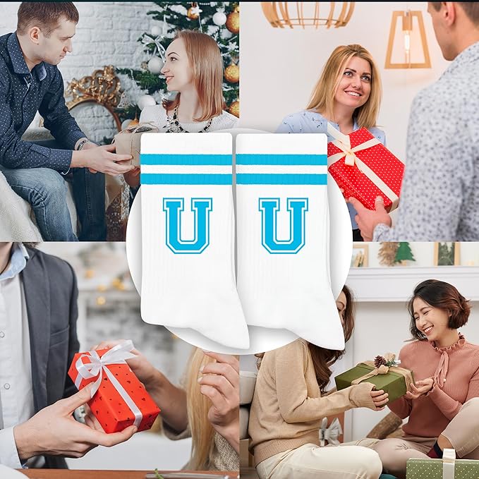 Sky Blue Initial Stripes Socks,Letter Socks Gifts for Birthday,Christmas,Back-to-school Season,etc.