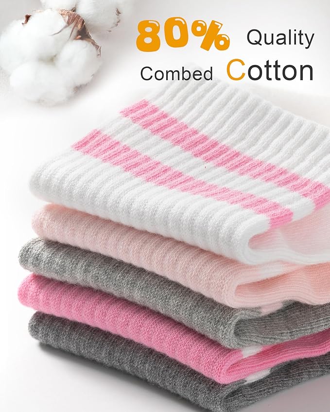 HONGTEYA Kids Socks for Girls Boys Soft Stretch Cotton Crew Seamless Athletic Socks School Uniform 4-12 Years 5 Packs