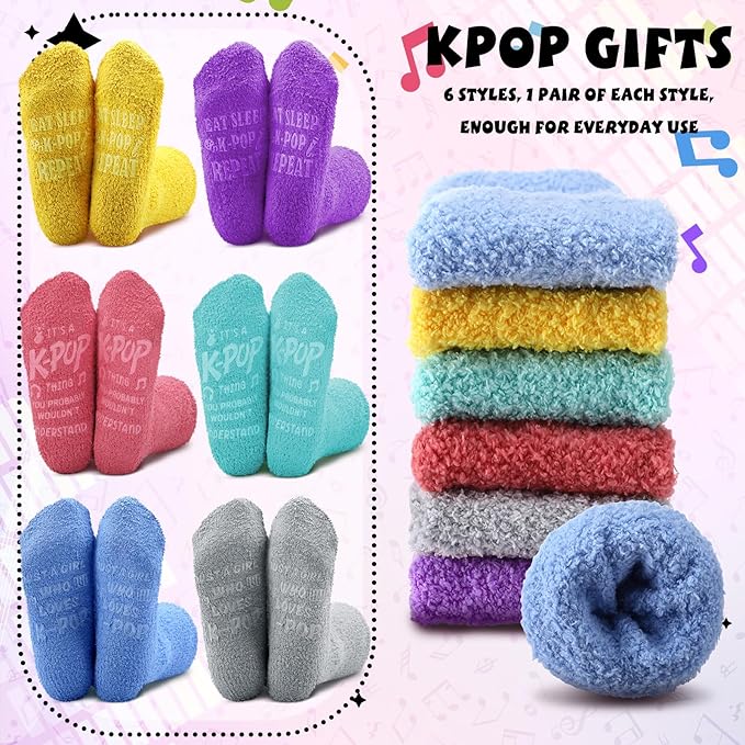 Ramede 6 Pairs Grip Fuzzy Crew Socks for Women Men Novelty Socks Funny Movie Theater K-pop Memorabilia for Xmas Birthday Gift