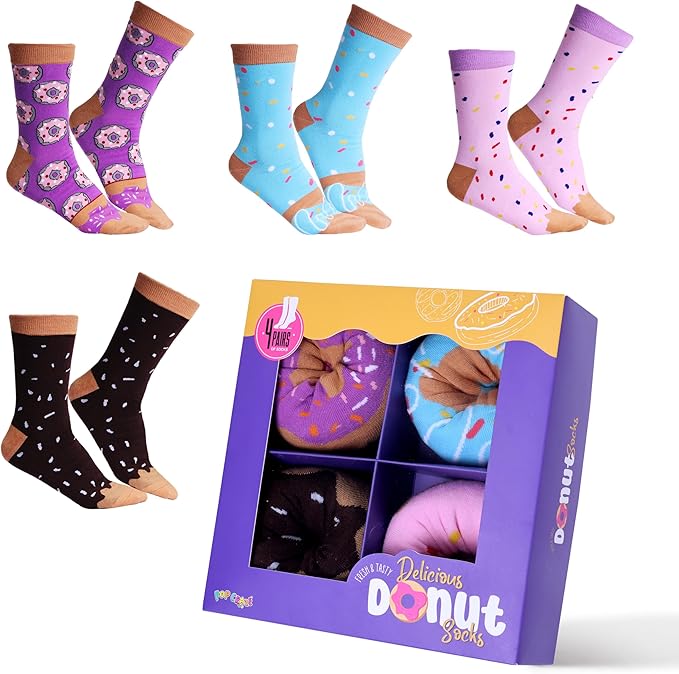 Pop Craze - 2 or 4 Pairs Doughnut Socks in a Box - 1 Size Fits Most. Novelty Food Socks, Funny Gift for Men and Women