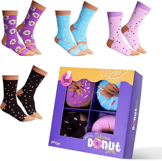 Pop Craze - 2 or 4 Pairs Doughnut Socks in a Box - 1 Size Fits Most. Novelty Food Socks, Funny Gift for Men and Women