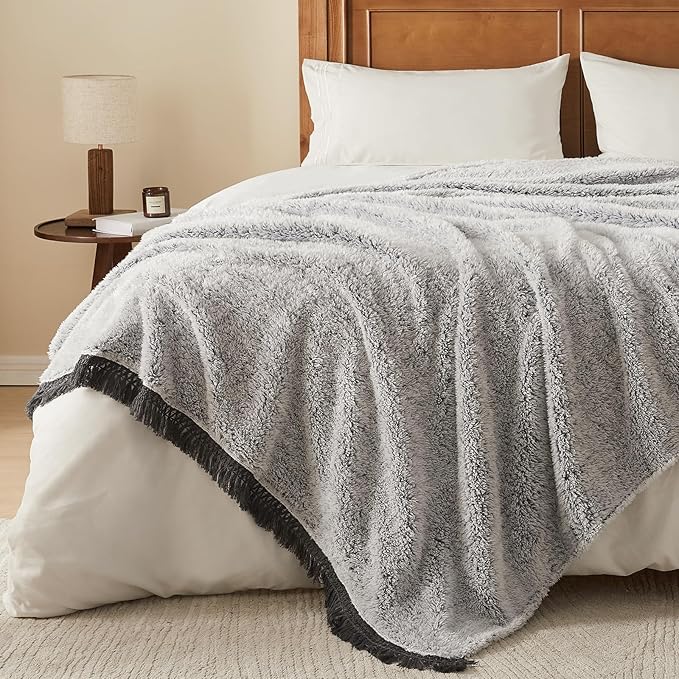 EMME Soft Sherpa Fleece Blanket with Tassel, Reversible Plush Fluffy Large Blanket, Light Weight Warm Decorative Boho Blanket Cover for Sofa, Couch, Bedroom,Travel(Tassel Grey,50"x60")