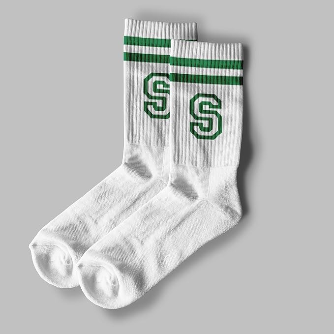 Striped Initial Socks with the Letter in Green, St. Patricks Day Socks Gifts for Family Friends, etc.