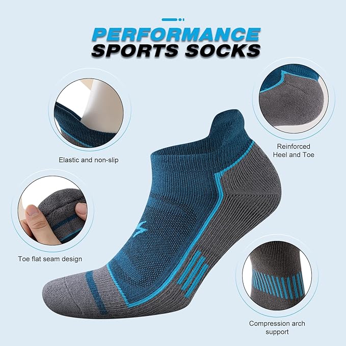 Mens Ankle Running Socks, Athletic Cushioned Low Cut Moisture Wicking Cotton Short Sports Socks, 6 Pairs