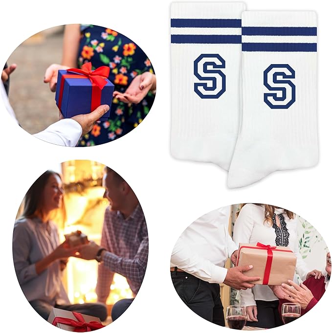 Striped Initial Socks with the Letter in Navy Blue, Socks for Adult, Teens, Men&Women Socks, Gifts for Friends, Family, etc.