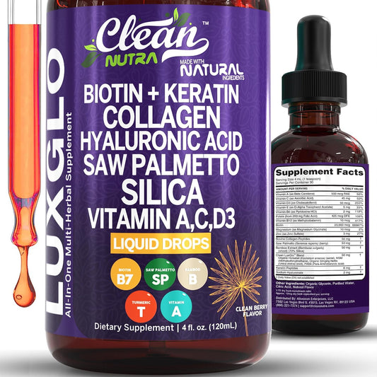 Biotin Liquid Drops Collagen Keratin Hyaluronic Acid Saw Palmetto for Hair Skin and Nails Silica Vitamin A C Vitamin D Bamboo Turmeric Zinc Folate Magnesium Horsetail LuxGlo by Clean Nutra
