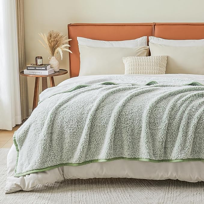EMME Soft Sherpa Fleece Blanket Reversible Plush Fluffy Large Blanket, Light Weight Warm Decorative Boho Blanket Cover for Sofa, Couch, Bedroom,Travel(Plush Sage,50"x60")