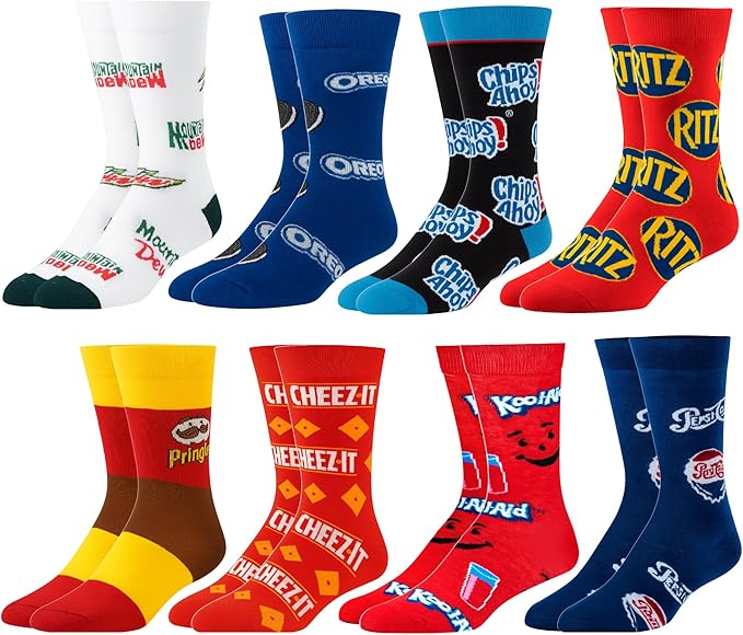 Crazy Socks–Snack Food Value Bundle – 8-Pack Novelty Crew Socks Gift Set Large Sizes for Men and Women, Soft & Comfortable