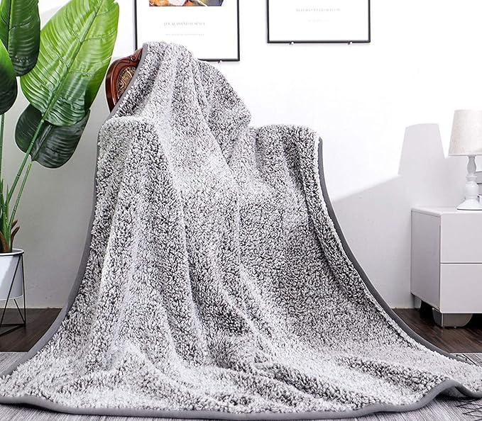 EMME Soft Sherpa Fleece Blanket Reversible Plush Fluffy Large Blanket, Light Weight Warm Decorative Boho Blanket Cover for Sofa, Couch, Bedroom,Travel(Plush Grey,60"x80")