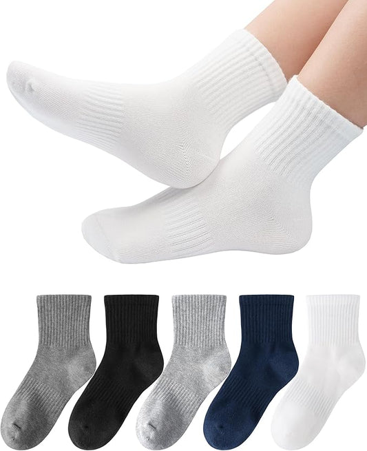 HONGTEYA Kids Socks for Girls Boys Soft Stretch Cotton Crew Seamless Athletic Socks School Uniform 4-12 Years 5 Packs