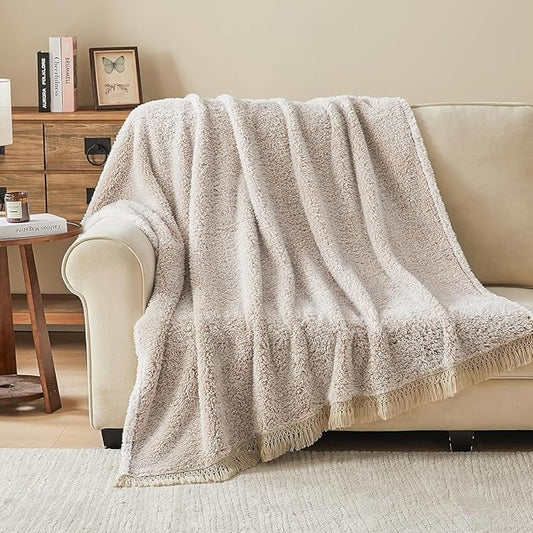 EMME Soft Sherpa Fleece Blanket with Tassel, Reversible Plush Fluffy Large Blanket, Light Weight Warm Decorative Boho Blanket Cover for Sofa, Couch, Bedroom,Travel(Tassel Khaki,60"x80")