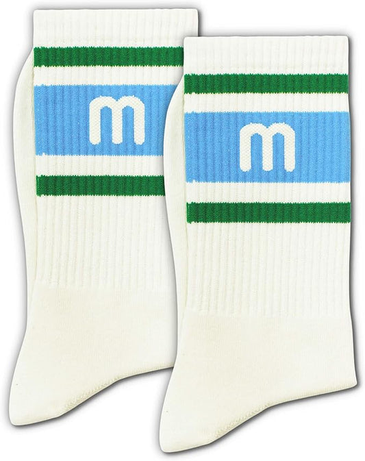 Blue and Off-white Retro Striped Crew Socks with The Letter, Classic Initial Sporty Monogram Socks.
