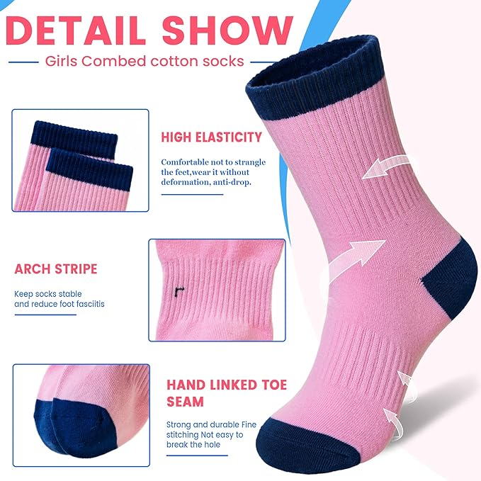 Kids Girls Socks Athletic Sport Breathable Soft Cotton Youth Girsl Crew Socks 6 Pairs