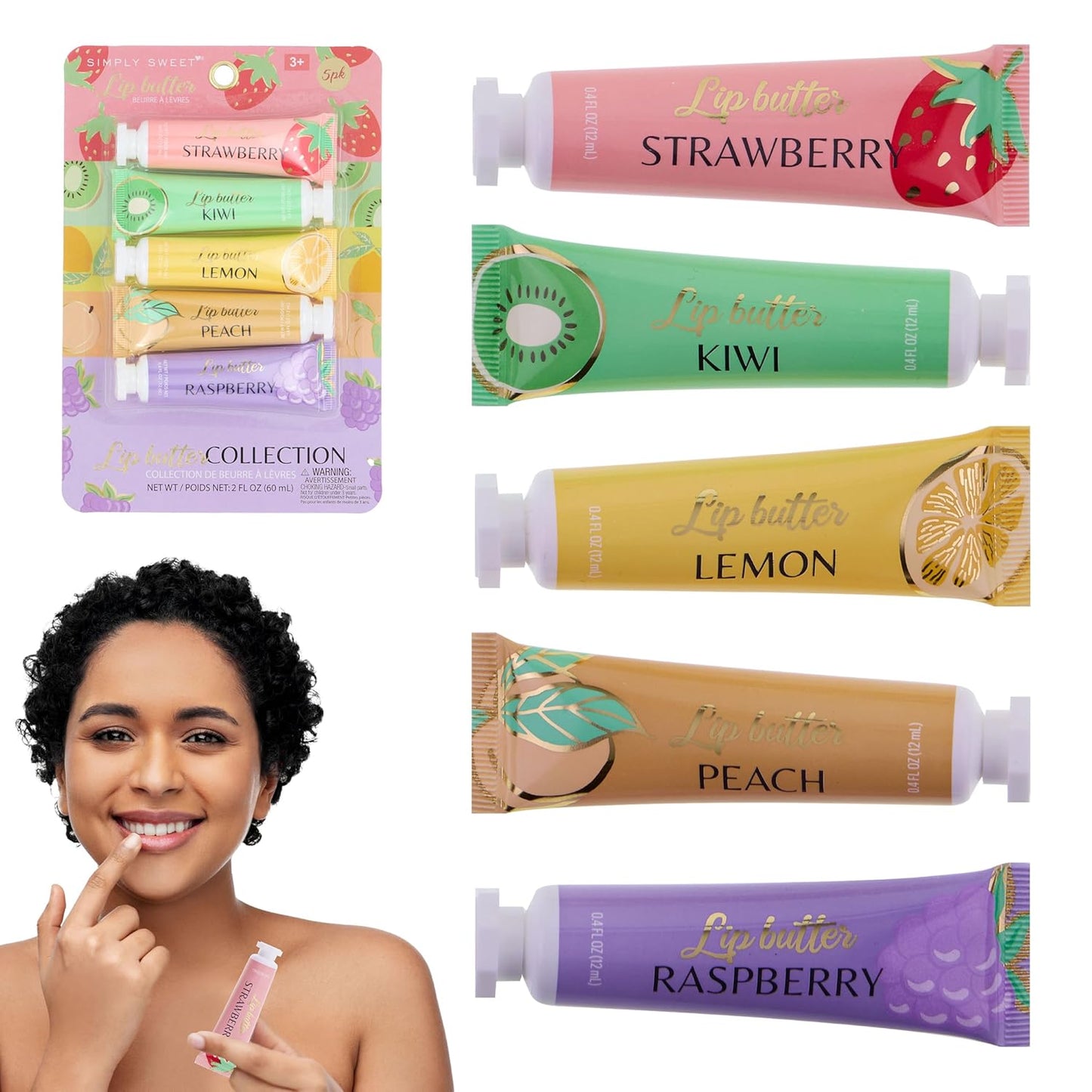 Expressions 5pc Lip Butter Collection - Simply Sweet Fruit Flavored Lip Butter Balm Set | Moisturizing Squeeze Tube Lip Butters for Everyday Lip Care and Lip Repair