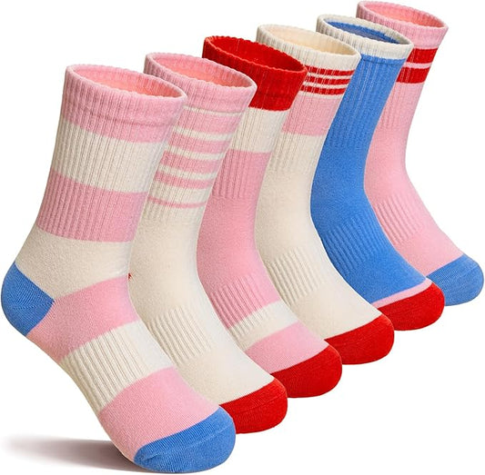 Kids Girls Socks Athletic Sport Breathable Soft Cotton Youth Girsl Crew Socks 6 Pairs
