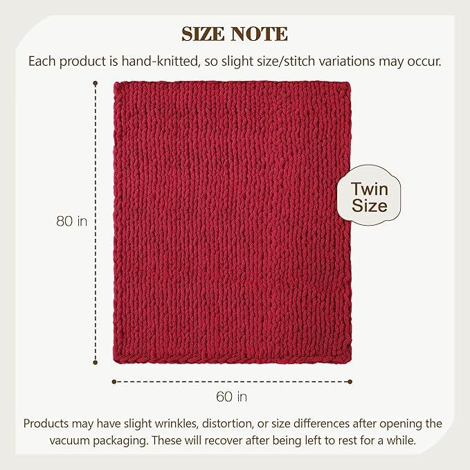 Carriediosa Chunky Knit Throw Blanket 60" X 80" Twin, 100% Hand Made Large Chenille Loop Yarn Soft Fluffy Throws for Couch Sofa Bed, Big Crochet Cozy Heavy Thick Cable Woven Blankets, Red