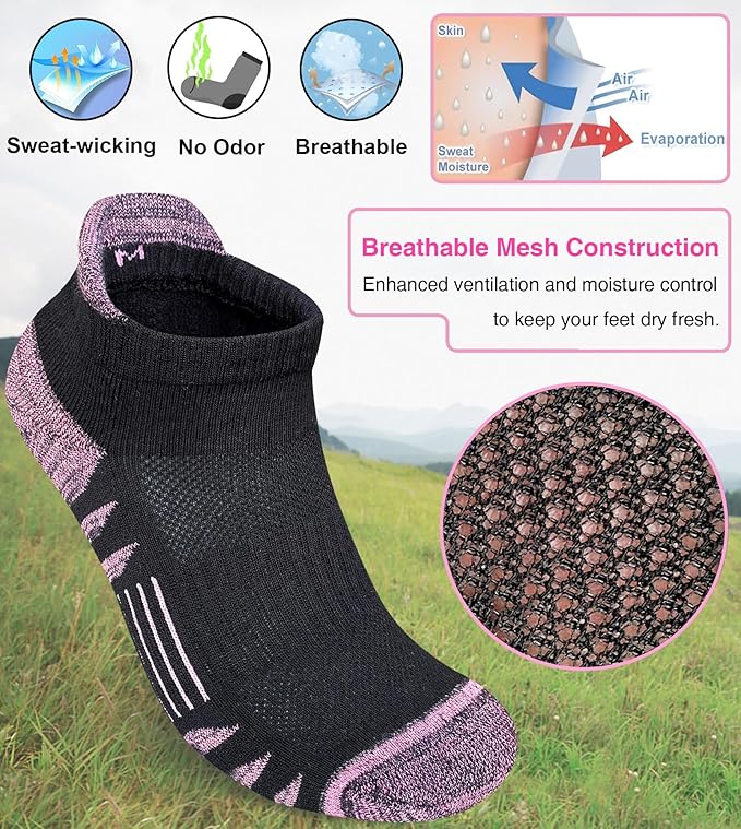 Womens Ankle Anti-blister Thick Cushioned Wicking Odor Resist Athletic Running Socks 5 Pairs