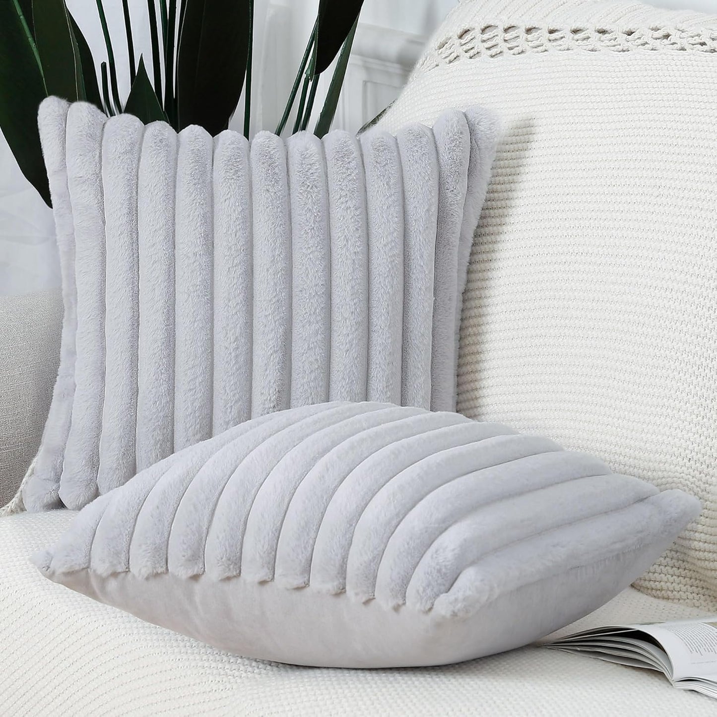MADIZZ Set of 2 Faux Wool Plush Decorative Throw Pillow Covers 16x16 Inch Light Grey Fluffy Striped Soft Decorative Cushion Cover for Sofa Bedroom Pillow Shell