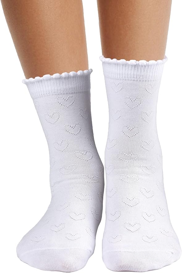 COTTON DAY Girls White Dressy Textured Short Socks Scallop Top Design 5 Pack