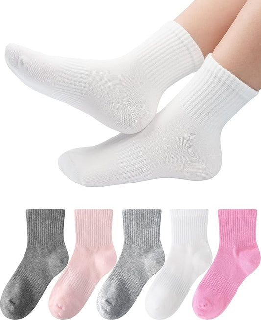 HONGTEYA Kids Socks for Girls Boys Soft Stretch Cotton Crew Seamless Athletic Socks School Uniform 4-12 Years 5 Packs
