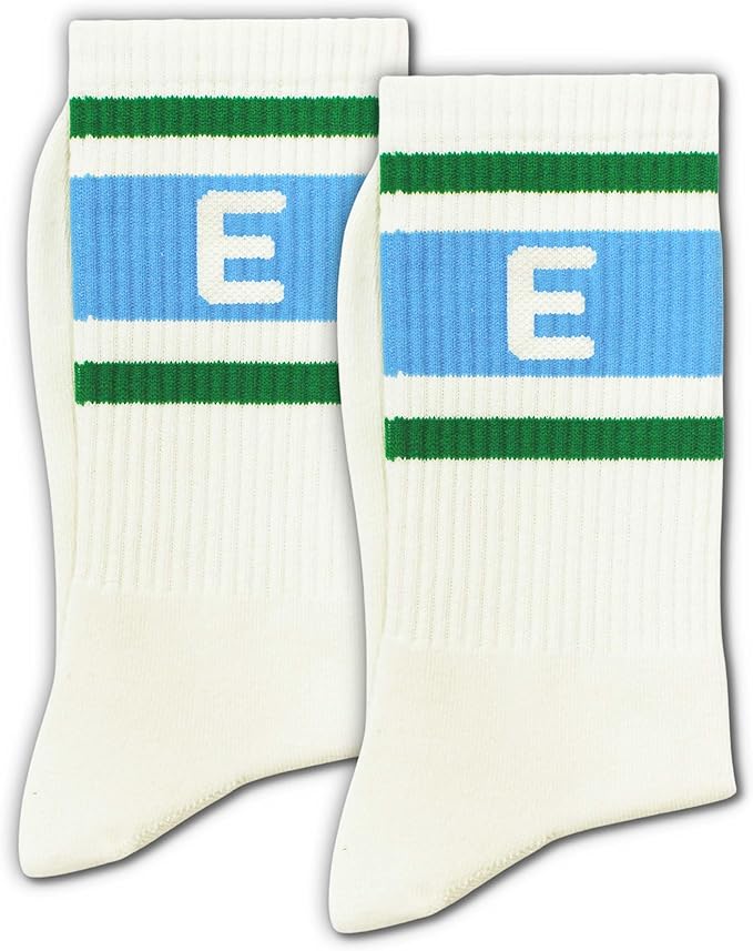 Blue and Off-white Retro Striped Crew Socks with The Letter, Classic Initial Sporty Monogram Socks.