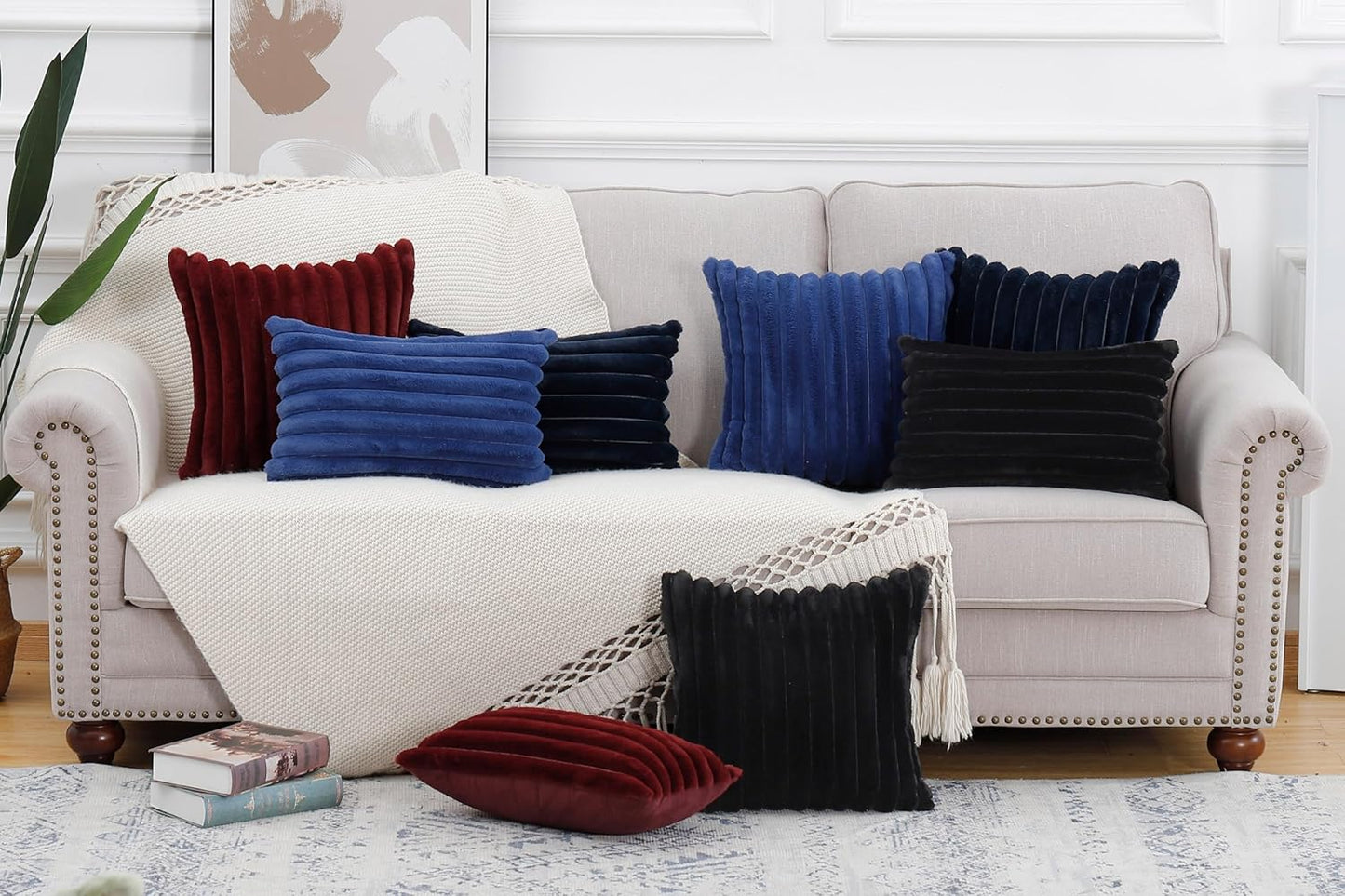 MADIZZ Set of 2 Faux Wool Plush Decorative Throw Pillow Covers 18x18 Inch Blue Fluffy Striped Soft Decorative Cushion Cover for Sofa Bedroom Pillow Shell