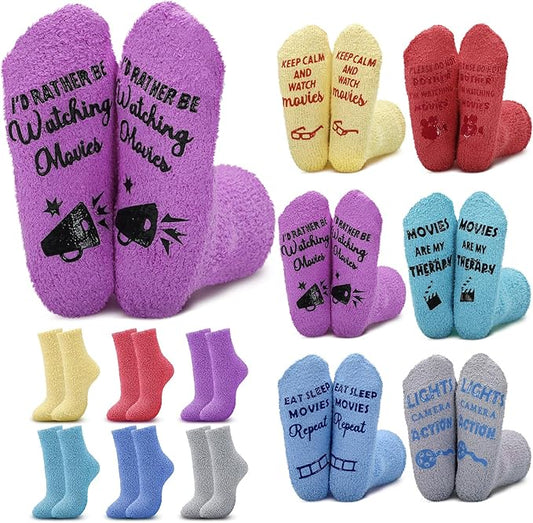 Ramede 6 Pairs Grip Fuzzy Crew Socks for Women Men Novelty Socks Funny Movie Theater K-pop Memorabilia for Xmas Birthday Gift